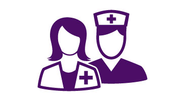 Purple outline of two health care workers.