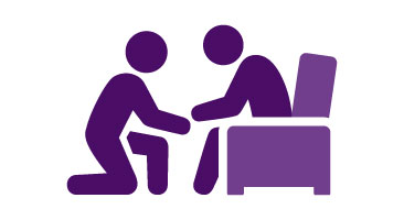 Graphic showing one person kneeling before another person who is hunched over in an armchair.