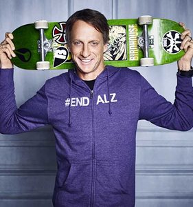 Professional skateboarder Tony Hawk wearing an #EndAlz hoodie.