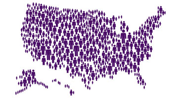 Graphic representation of the USA made up of many, many purple people icons